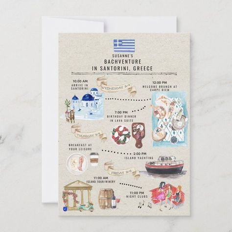 Bachelorette Weekend Itinerary  Santorini Greece  Zazzle Bachelorette Card, Molokini Crater, Greece Girl, Last Fling Before The Ring, Bachelorette Weekend Itinerary, Watercolor Travel, Weekend Itinerary, Bachelorette Invitations, Weekend Party