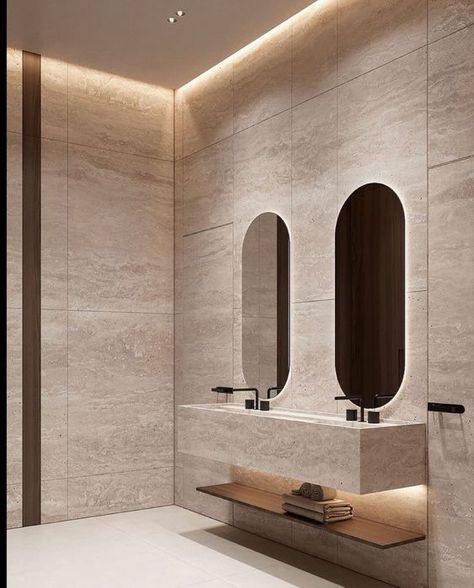 Travertine Marble Bathroom, Travertine Basin, Travertine Countertops, تصميم دورة مياه, Travertine Bathroom, Indoor Outdoor Bathroom, Stone Lighting, Restroom Design, House Bathrooms