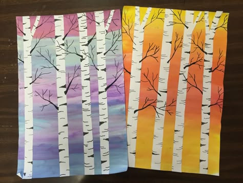 Birch Tree Collage, Fall Birch Trees, 자작나무 그림, Homeschool Art Projects, Calendar Art, Birch Tree Art, Birch Tree Painting, Fall Art Projects, Winter Art Projects