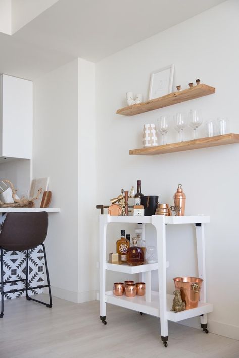 Decor Above Bar Cart, Bar Cart Shelves Above, Shelves Above Bar Cart, Neutral Bar Cart, Bar Cart Neutral, Minimal Bar Cart, Bar Cart Basics, Basic Bar Cart Essentials, Minimalist Bar Cart