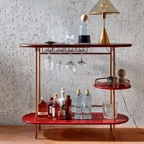 Tiered Bar Console, Burgundy Bar Cart Inspo, Bar Console, Diy Bar Cart, Outside Bars, Mid Century Bar, Bar Essentials, Ice Buckets, Interior Room, Room Deco