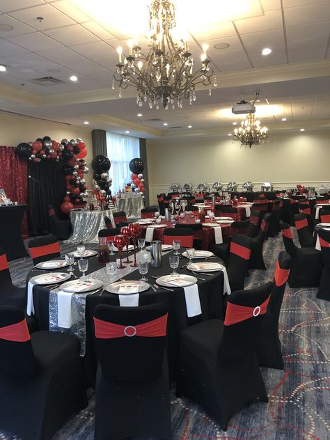 Red Black And Silver Table Setting, Red Black And Silver Balloons, Burgundy Black And Silver Party Decorations, Red Black And Silver Wedding Ideas, Black Silver And Red Party, Black Silver Red Party Decor, Black White And Red Party Decorations, Red White And Black Decorations, Red Black White Silver Party Decorations