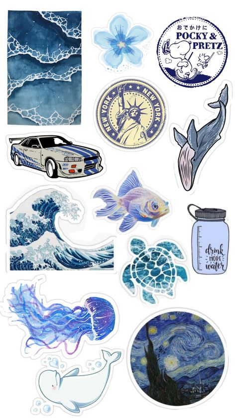 Blue Printable Sticker🌊🐋💙 Indie Stickers Printable, Dark Blue Aesthetic Stickers, Scrapbook Stickers Printable Blue, Phone Case Ideas Blue, Blue Stickers Png, Ocean Stickers Printable, Stickers For Laptop Printable, Blue Printable Stickers, Blue Stickers Printable