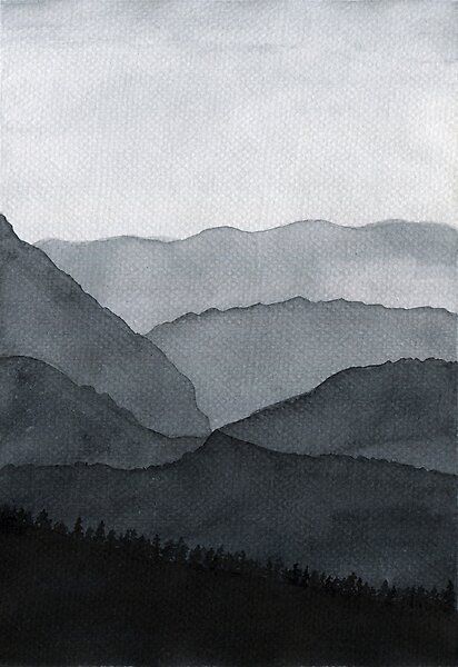 Monochromatic Mountain Painting, Black Watercolor Art, Achromatic Painting Ideas, Black And White Landscape Painting, Black And White Mountains, Bedroom Nature, Grey Landscape, Container Door, Monochrome Landscape