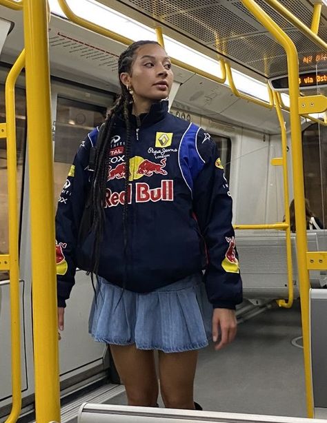 Red Bull Jacket F1, Redbull Jacket Aesthetic, Red Bull F1 Outfit, Redbull Jacket Outfit, Redbull Outfits, Vintage Racing Jacket Outfit, Female Racer Aesthetic, Red Bull Jacket, Racer Jacket Outfit Women