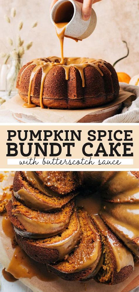 This moist pumpkin bundt cake is accompanied but a homemade butterscotch sauce, both baked into the batter and drizzled on top. It adds a unique flavor that pairs perfectly with the warm spices and pumpkin flavor of this delicious bundt cake. #pumpkinspice #bundtcake #pumpkincake #butterscotch #thanksgiving #butternutbakery | butternutbakeryblog.com Thanksgiving Bundt Cake, Spiced Bundt Cake, Cookware Photography, Butterscotch Pumpkin, Pumpkin Spice Bundt Cake, Spice Bundt Cake, Homemade Butterscotch, Pumpkin Bundt, Pumpkin Bundt Cake