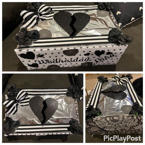 Wednesday Valentines Boxes, Wednesday Addams Valentines Box Ideas, Birthday Basket Ideas, Girls Valentines Boxes, Valentines Day Boxes, Valentines Box Ideas, Valentine's Boxes, Valentines Diy Kids, Valentine Card Box