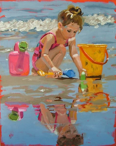 Bathing Beauty - oil by ©Mitzi Easley - http://mitzieasley.blogspot.com/2010/10/karin-jurick-workshop-and-party-prep.html Playing In The Sand, Painting People, Beach Painting, Art And Illustration, 영감을 주는 캐릭터, Beach Scenes, Beach Art, The Sand, Figure Painting