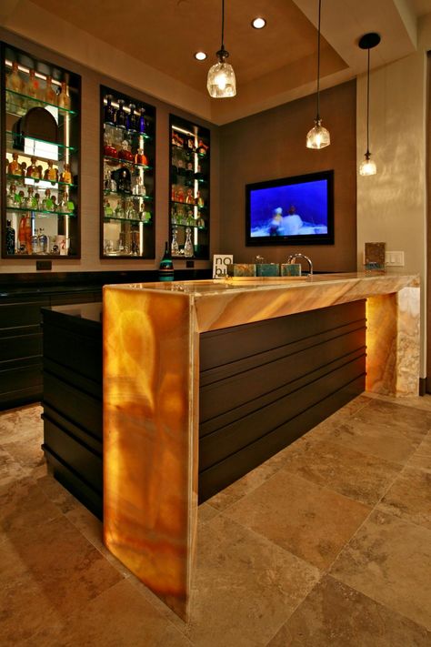 Basement Bar Plans, Home Bar Counter, Waterfall Countertop, Bar Counter Design, Media Room Design, Home Bar Rooms, Modern Home Bar, Bar Plans, Basement Bar Designs