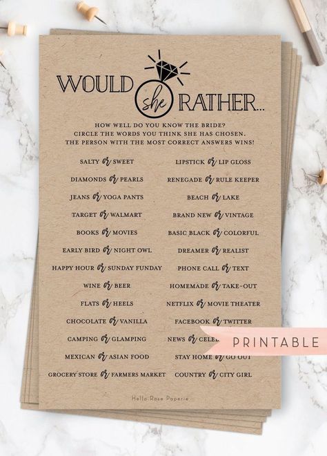 Would She Rather Virtual & Printable Bridal Shower Game Instant Digital Download • This listing is for 1 DIGITAL DOWNLOAD. You will not receive anything in the mail. You will receive 1 game, the game that is in the DESCRIPTION and is shown in the FIRST photo of this listing. • G E T • A • B U N D Who Knows The Bride Best, Would She Rather, Fun Bridal Shower Games, Bridal Shower Planning, Printable Bridal Shower Games, Wedding Shower Games, Lingerie Shower, Bachelorette Party Games, Bridal Shower Brunch