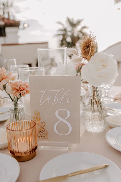 Different Table Numbers Wedding, Table Number Wedding Centerpieces, Beige Wedding Table Decor, Creative Wedding Table Numbers, Wedding Table Number Ideas, Table Number Ideas, Neutral Wedding Decor, Bridal Things, Number Ideas