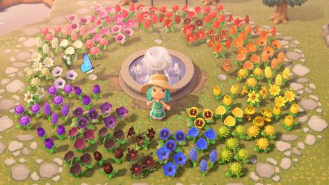 Rainbow Garden Acnh, Animal Crossing Rainbow Garden, Acnh Rainbow Flower Garden, Animal Crossing Garden, Acnh Guide, Flower Garden Layouts, Nintendo Switch Animal Crossing, Ac Ideas, Rainbow Garden