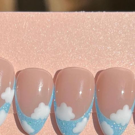 Riss | Luxury Press On Nails on Instagram: "Cute little cloudy french tips 😍💅🏽 • Base color is Enamored from @esvynails • All @risslc.nails presson nail sets are totally customizable, DM me to get your order started 💖💅🏽✨ • • • #frenchtipnails #bluenails #blueaesthetic #glitternails #glitter #cloudnails #trendynails #pressoncollective #thepressoncollective" Cloud French Tip Nails, French Tips With Clouds, Cloudy Nail Design, Blue Cloud French Tip Nails, Cloudy Nails, Dreamy Cloud Nails, Blue Nails With Cloud Design, Pink And Blue Cloud Nails, Clouds Design