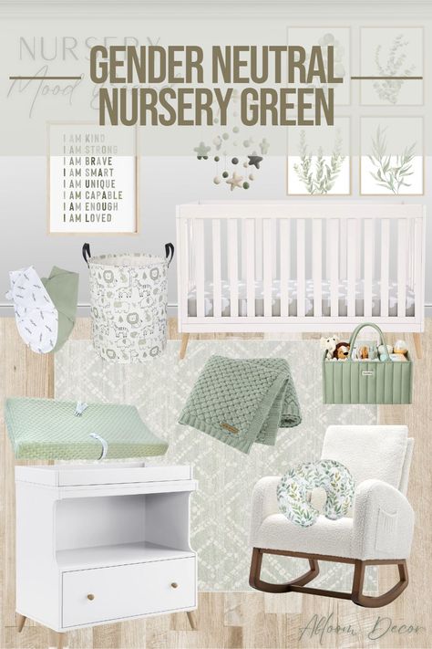 Are you looking for gender neutral nursery themes? My sage green nursery design might be perfect for you! This design features a white crib, changing table, and rocking chair, surrounded by various green nursery decor ideas such as a green baby blanket, green caddy, sage green wall decor, and more. This is a great idea for a baby girl or boy and is a relaxing, beautiful room. Recreate this look in your home or simply use it as nursery inspiration. #genderneutralnurserygreen