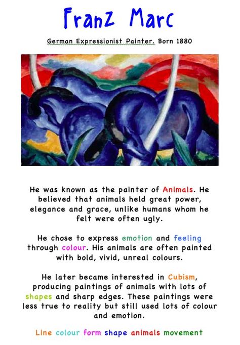 Franz Marc. Artist Fact Sheet Igcse Tips, 3rd Grade Art Lessons, Art History Worksheets, Artist Posters, Art Room Posters, Art Handouts, Art History Lessons, History Worksheets, Istoria Artei