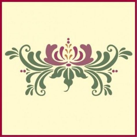 "Stencil image measures 10.6\" x 4.5\". Single overlay stencil. Our Rosemaling Pattern 17 stencil is a fancy and playful example of the beauty in reflections and alterations, themes and variations! Pictured in one of many possible color combinations. Can be repeated as a border. This stencil is excellent for repeated use. 10 mil Mylar is extremely durable. For inspiration, see our blog post featuring our Rosemaling stencils, finished stencil projects, and project ideas. The Artful Stencil Blog: Swedish Kurbits, Etching Patterns, Scandinavian Culture, Rosemaling Pattern, Norwegian Folk Art, Drawn Patterns, Stencil Projects, Scandinavian Folk Art, Folk Embroidery