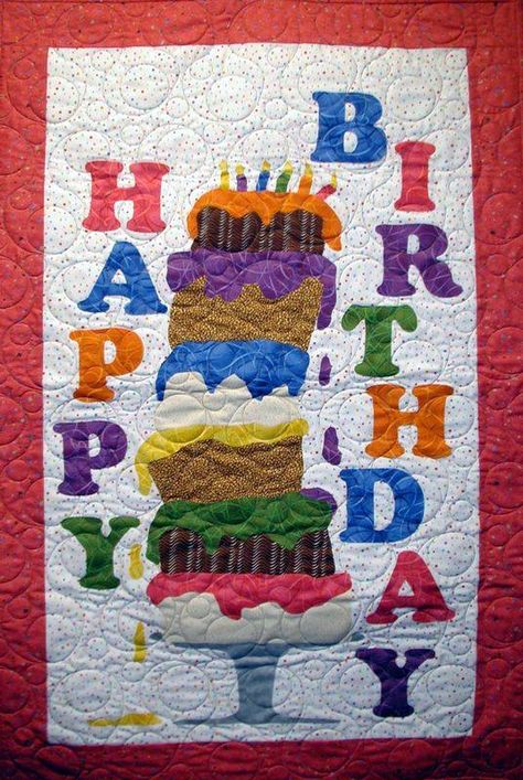 Happy Birthday Happy Birthday Quilt, Birthday Quilt, Iris Folding Pattern, Cherry Cupcakes, Cakes Chocolate, Cake Quilt, Diy Sewing Gifts, Birthday Wall, Hanging Quilts