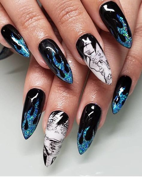 Deku Nails Art, Academia Nails, Doing Nails, Anime Nail, Bright Summer Nails Designs, Disney Acrylic Nails, Black Acrylic Nails, Anime Nails, Grunge Nails