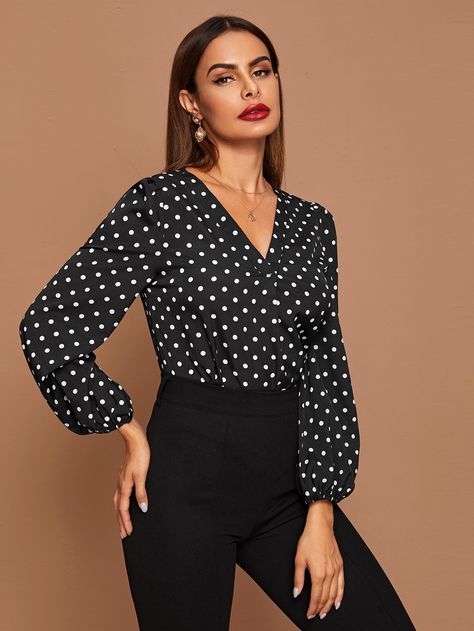 Black Polka Dot Shirt Outfit, Polka Dot Shirt Outfit, Polka Dot Blouse Outfit, Polka Dot Top Outfit, Wrap Dress Outfit, Black Polka Dot Top, Wrap Dress Pattern, Simple Kurta Designs, Fall Dress Outfit