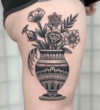 Traditional Flower Vase Tattoo Black, Traditional Flower Vase Tattoo, Vase Tattoo Traditional, Vase Flower Tattoo, Vase With Flowers Tattoo, Traditional Vase Tattoos, Traditional Tattoo Vase, Flower Vase Tattoo, Vase Tattoo