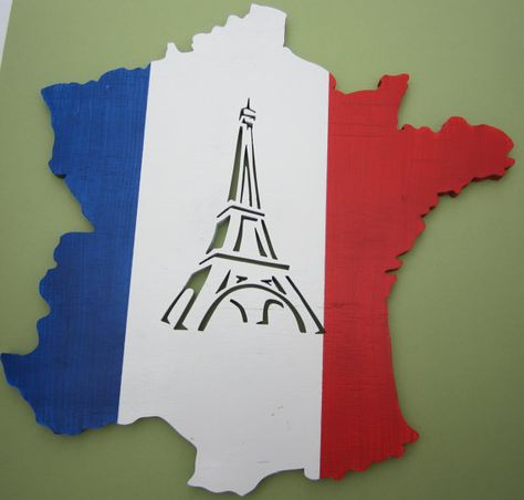 Wooden france in Pine Wood Sign Wall Decor Eiffel tower cutout french flag. $42.00, via Etsy. France Poster Board Project, France Classroom Theme, French Flag Art, France Flag Art, French Classroom Decor, France Tattoo, French Logo, Paris Party Decorations, Paris Room Decor