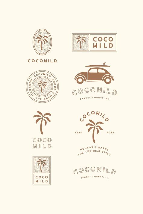 A set of 8 beachy logo designs for a nontoxic children's goods store named cocowild. The logos are brown and the background is beige. Most logos feature a palm tree illustration. One logo features a vintage vw bug with a surfboard on top. The text says different variations of the following: coco wild; nontoxic children's goods; nontoxic wares for the wild child; established in 2022; orange county, california. Beachy Fonts, Newspaper Design Inspiration, Surf Shop Logos, California Logo, Summer Font, Summer Logo, Surf Logo, Beach Logo, Graphic Design Style