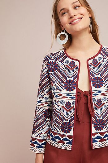 Greenwich Embroidered Jacket - Anthropologie Short Jacket Style Kurti, Jacket Style Kurti, Mode Batik, Kalamkari Dresses, Anthropologie Clothing, Bohemian Jackets, Batik Fashion, Boho Jacket, Mode Boho