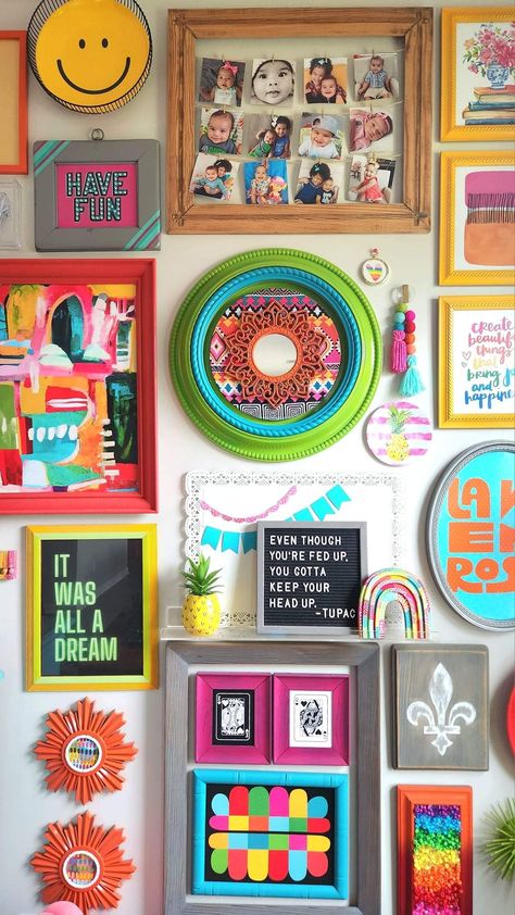 Bright Hallway Ideas, Mixed Media Furniture, Bright Hallway, Kids Gallery Wall, Colouring Wall, Funky Room, Gallery Shelves, Colourful Living Room Decor, Maximalist Design