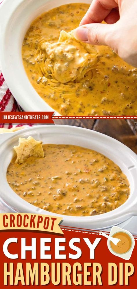 Cheesy Hamburger Dip, Party Food Dips, Hamburger Cheese Dips, Cheese Dip Recipes Crockpot, Crock Pot Hamburger, Hamburger Dip, Easy Chip Dip, Pot Luck Dishes Easy, Spicy Cheese Dip