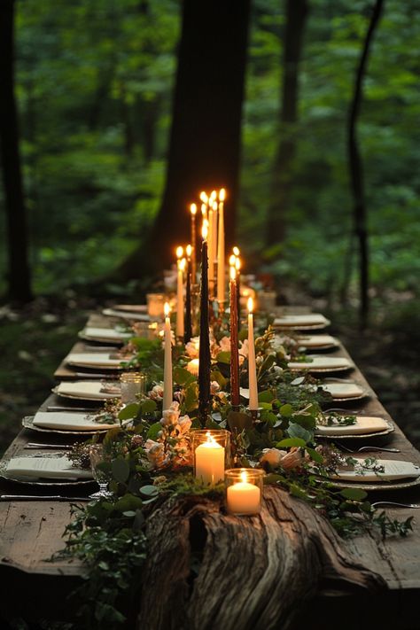 Transform your wedding venue with 52 forest-inspired centerpiece ideas. Picture moss-covered bases, candlelit arrangements, and rich greenery that create a timeless aesthetic. These designs are a must-see for any bride. #weddinggoals #earthyelegance #rusticromance Dark Forest Wedding Decor, Fae Wedding Aesthetic, Magical Forest Wedding Fairytale, Fairy Wedding Theme Enchanted Forest, Forest Wedding Centerpieces, Fantasy Forest Wedding, Moody Wedding Table Setting, Goblincore Wedding, Dark Forest Wedding