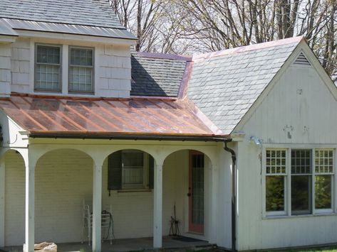 Metal Covered Porch, Copper Front Porch Roof, Copper Porch Roof, Metal Roof Front Porch, Metal Roof Porch Addition, Metal Roof Porch, Metal Porch Roof, Front Porch Roof Ideas, Front Porch Pillars