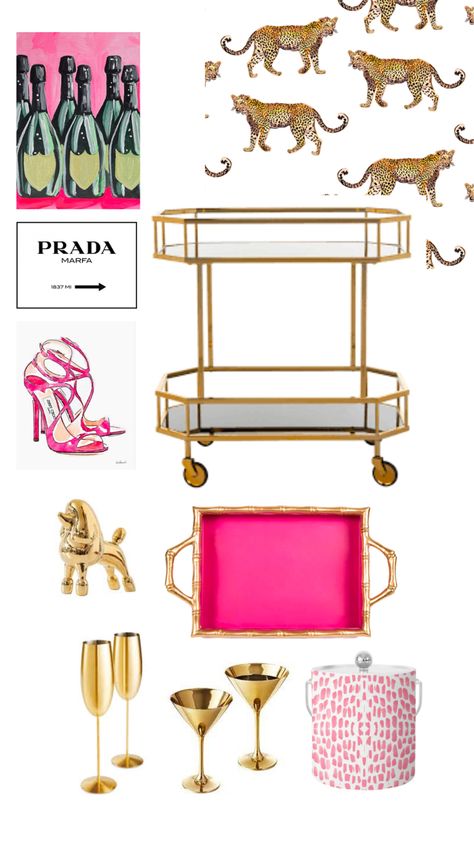 #pink #trendy #aesthetic #barcartdecor #barcartstyling #barcart #pinterest #interiordesign #interiordesignideas #roomdecoration #roomdecorideas #roomdecorideas #decor #decorideas #decorationideas Preppy Bar Cart, Pink Bar Cart, Bar Cart Inspo, Apartment Bed, Pink Apartment, Apartment Bedding, Apt Decor, Pink Bar, College House