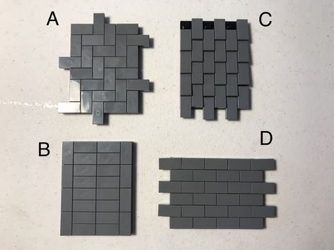 All of these patterns use 1x2 tiles.  (A) Floor Tiles (B) Floor/Pathway (C) Roof Shingles (D) Brick Wall Pattern or Floor Tiles Lego Floor Techniques, Lego Tile Pattern, Lego Pathway, Lego Blueprint, Brick Wall Pattern, Easy Lego Creations, Lego Medieval, Lego Halloween, Lego Furniture