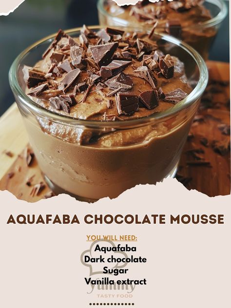 🍫 Dive into our creamy Aquafaba Chocolate Mousse! #DairyFree 🍽️ Aquafaba Chocolate Mousse 🛒 Ingredients: Aquafaba (chickpea water): 1/2 cup Dark chocolate: 100g, melted Sugar: 2 tbsp Vanilla extract: 1 tsp 👩‍🍳 Instructions: Whip: Beat aquafaba until stiff peaks form. Combine: Gently fold in melted chocolate and vanilla. Chill: Refrigerate for at least 1 hour. 🌟 Indulge in this light, airy mousse. Perfect for any chocolate lover! #VeganTreat Aquafaba Chocolate Mousse, Chickpea Water, Melted Chocolate, Vegan Treats, Chocolate Lover, Chocolate Mousse, Melting Chocolate, Chocolate Lovers, Vanilla Extract