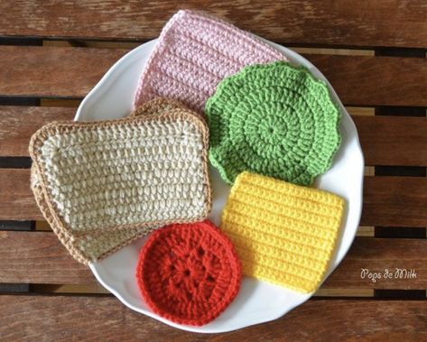 Sandwich Crochet Coasters (Free Pattern) Sandwich Crochet, Bucket Hat Pattern Free, Sandwich Design, Kids Play Food, Crochet Coasters Free Pattern, Hat Patterns Free, Crochet For Beginners Blanket, Crochet Coaster Pattern, Crochet Food