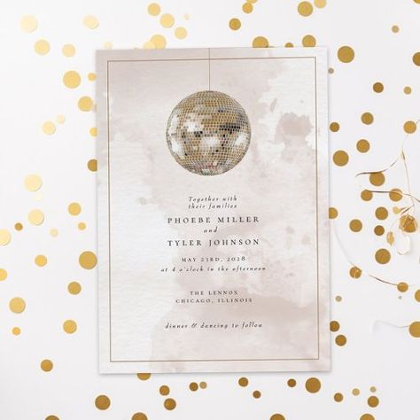 $2.93 | Elegant Watercolor Gold Disco Ball Wedding | Wedding Invitations | elegant, chic, gold, disco ball, mirror ball, disco wedding invitation, watercolor, instant download, fun, glitter Disco Ball Wedding, Gold Disco Ball, Ball Mirror, Wedding Invitation Watercolor, Disco Ball Mirror, Wedding Invitations Elegant, Disco Wedding, Ball Wedding, Elegant Watercolor