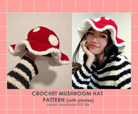 Mushroom Hat Pattern Crochet Cottagecore Autumn Fall Forest - Etsy Mushroom Bucket Hat Crochet Pattern, Cottagecore Mushroom Hat, Mushroom Cardigan Crochet Pattern, Crochet Pattern Cottagecore, How To Crochet A Mushroom Hat, Mushroom Crochet Beanie, Crochet Mushroom Things, Mushroom Crochet Hat Pattern Free, Crochet Mushroom Hat Pattern Free