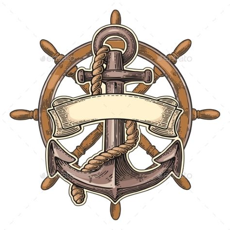 Anchor and Wheel with Ribbon Isolated on Beige by MoreVector | GraphicRiver Ship Wheel Tattoo, Anchor Drawings, Wheel Tattoo, Anchor Tattoos, Nautical Tattoo, Anchor Tattoo, Engraving Illustration, Ship Wheel, Tattoo Art Drawings