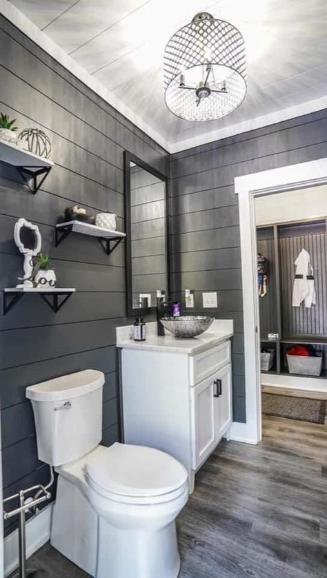 Dark Gray Bathroom Walls, Basement Living Room Ideas, Trailer Bathroom, Basement Bathrooms, Wallpaper Accent Wall Bathroom, Basement Living Room, Powder Room Renovation, Small Bathroom Wallpaper, Bathroom Redecorating