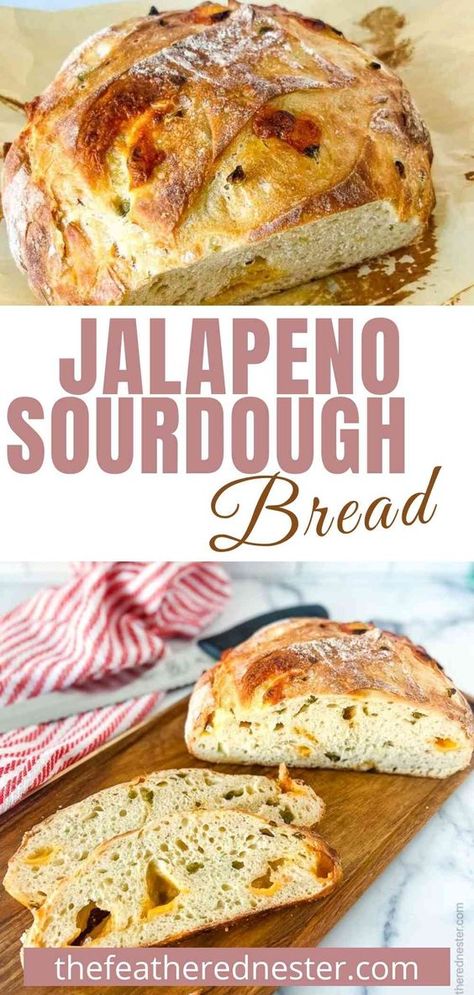 Jalapeno Cheddar Sourdough Bread Recipe | Whether you are a seasoned baker or beginner, you are going to love adding some pep to your homemade bread lineup with a tender and fluffy loaf of jalapeno cheddar sourdough. This nearly foolproof recipe bakes up the most terrifically tangy sourdough bread with tasty, melty cheddar cheese and mildly spicy jalapenos. Or go for a walk on the milder side and skip the peppers for a delicious cheesy sourdough bread. Jalapeno Cheddar Sourdough Bread, Cheddar Sourdough Bread, Jalapeno Cheese Bread, Artisan Sourdough Bread Recipe, Easy Sourdough Bread Recipe, Overnight Recipes, Cheese Bread Recipe, Sourdough Starter Discard Recipe, Homemade Sourdough Bread