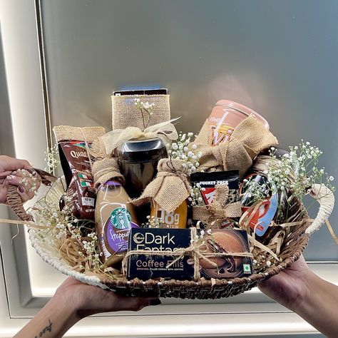 Coffee Gift Hamper, Birthday Basket For Brother, Coffee Gift Basket Ideas Diy, Diy Hampers, Coffee Hamper, Snacks Basket, Coffee Hampers, Diwali Hampers, Handmade Hamper