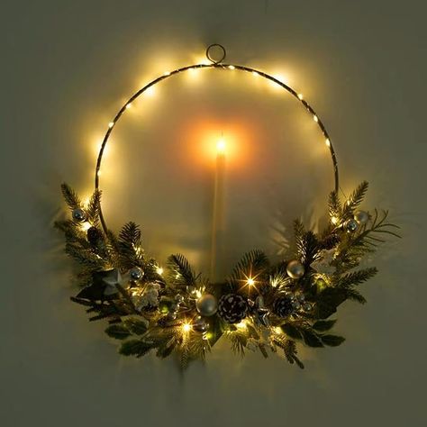 Christmas Silver Lighted Wreath,prelit Christmas Hoop Wreath, Modern Decor,Farmhouse Winter Wreath, 16inch Christmas Wreath for Front Door Outside with flameless Candle,Front Porch Decoration Lighted Wreath, Wreath With Lights, Attic Decor, Volcano Candle, Door Outside, Silver Christmas Ornaments, Lighted Wreaths, Christmas Wreath For Front Door, Red White Christmas