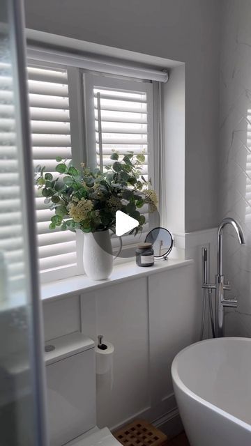 White Window Shutters Indoor, Shutters In Bathroom, Bathroom Blinds Ideas, White Shutter Blinds, Shutters With Curtains, Blinds 2go, Indoor Shutters, White Shutters, House Shutters