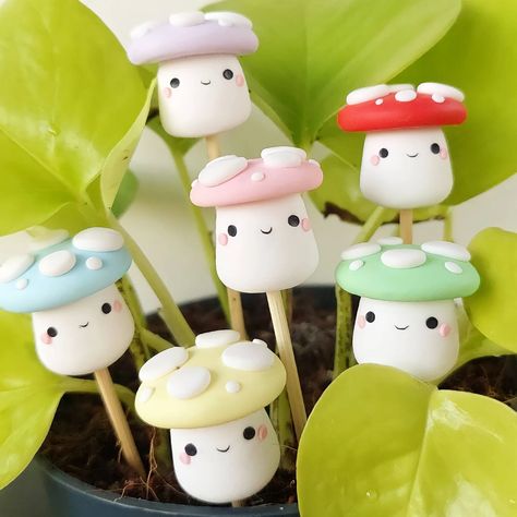 Mushroom/toadstool Plant Pot Accessory Friend Pal Garden - Etsy Clay Plants, Wooden Stake, Spring Gardens, Mushroom Plant, Plant Accessories, Mushroom Crafts, Clay Diy Projects, Clay Crafts Air Dry, Polymer Clay Sculptures