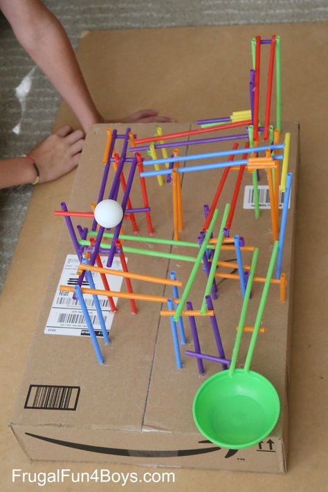 Given straws, clay, cardboard, scissors, and a ping pong ball, design a track that is at least 12 inches tall and 24 inches long that will drop a ping pong ball onto a plate.  Extra points if the ball stays on the plate.  FOR MORE ADVANCED TEAMS - modify communication to "no talking" or "grunts only". Steam Projects, Coaster Crafts, Stem Challenge, Project For Kids, Steam Activities, Stem For Kids, Engineering Projects, Stem Challenges, Stem Projects