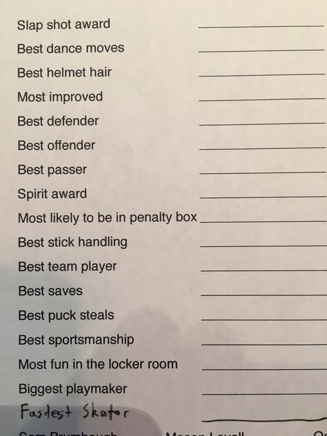 End of the year awards for all! Fun Hockey Team Awards, Hockey Team Awards, End Of Year Sports Banquet Ideas, Hockey Awards Ideas, Baseball Award Ideas, Hockey Awards For Kids, Sports Awards Ideas, Hockey Banquet Ideas, Hockey Team Gift Ideas