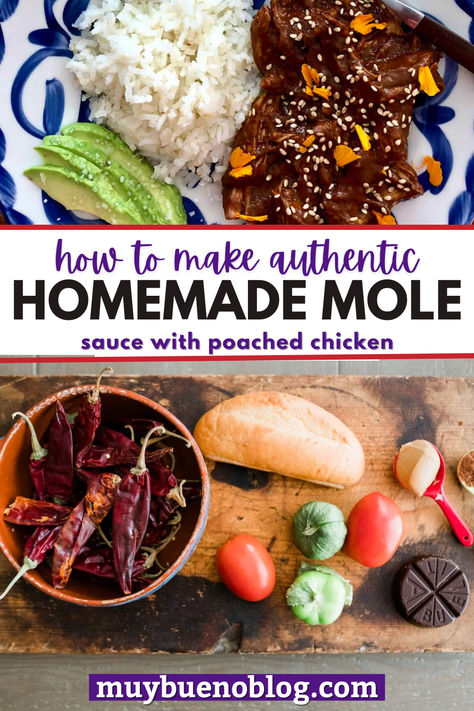 Homemade Mole Sauce: Learn how to make authentic homemade mole sauce with poached chicken for dinner. THis is loaded with diced tomatoes, tomatillos, peppers, chocolate and more. The ultimate Mexican cuisine to make at home. Mole Recipe Mexican Authentic, Easy Mole Sauce, Mole Enchiladas Recipe, Mole Recipe Mexican, Mexican Chicken Mole, Chicken Mole Recipe, Bueno Recipes, Mole Recipe, Chicken For Dinner