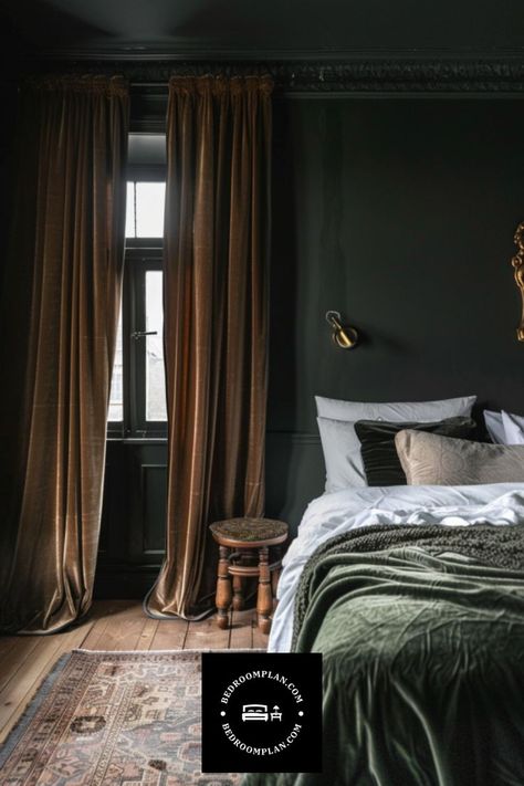 Achieve the perfect bedroom aesthetic with our guide to moody bedroom decor ideas. Click through for inspiration on creating a stylish and inviting space! ✨ #bedroomaesthetic #moodybedroomdecor Green Moody Bedroom, Dark Green Moody Bedroom, Bedroom Boho Style, Black Boho Bedroom, Moody Bedroom Decor, Master Beds, Dark Bedrooms, Black Walls Bedroom, Moody Bedroom Ideas