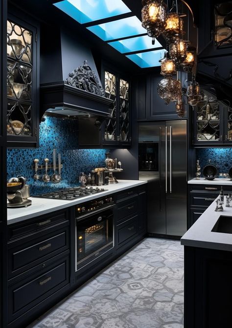 Gothic Kitchen Ideas, Lacquered Cabinets, Countertops Black, Goth Kitchen, Gothic Kitchen, Gothic Interior, Black Granite Countertops, Black Countertops, Architecture Bathroom