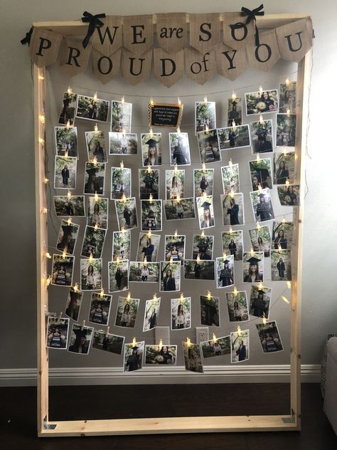 Picture Wall Ideas For Party, Office Anniversary Decoration Ideas, Photo Wall For Party, Graduation Party Photo Display, Party Photo Display, Graduation Picture Display, Hanging Wall Art Diy, Farewell Party Decorations, Photo Display Ideas